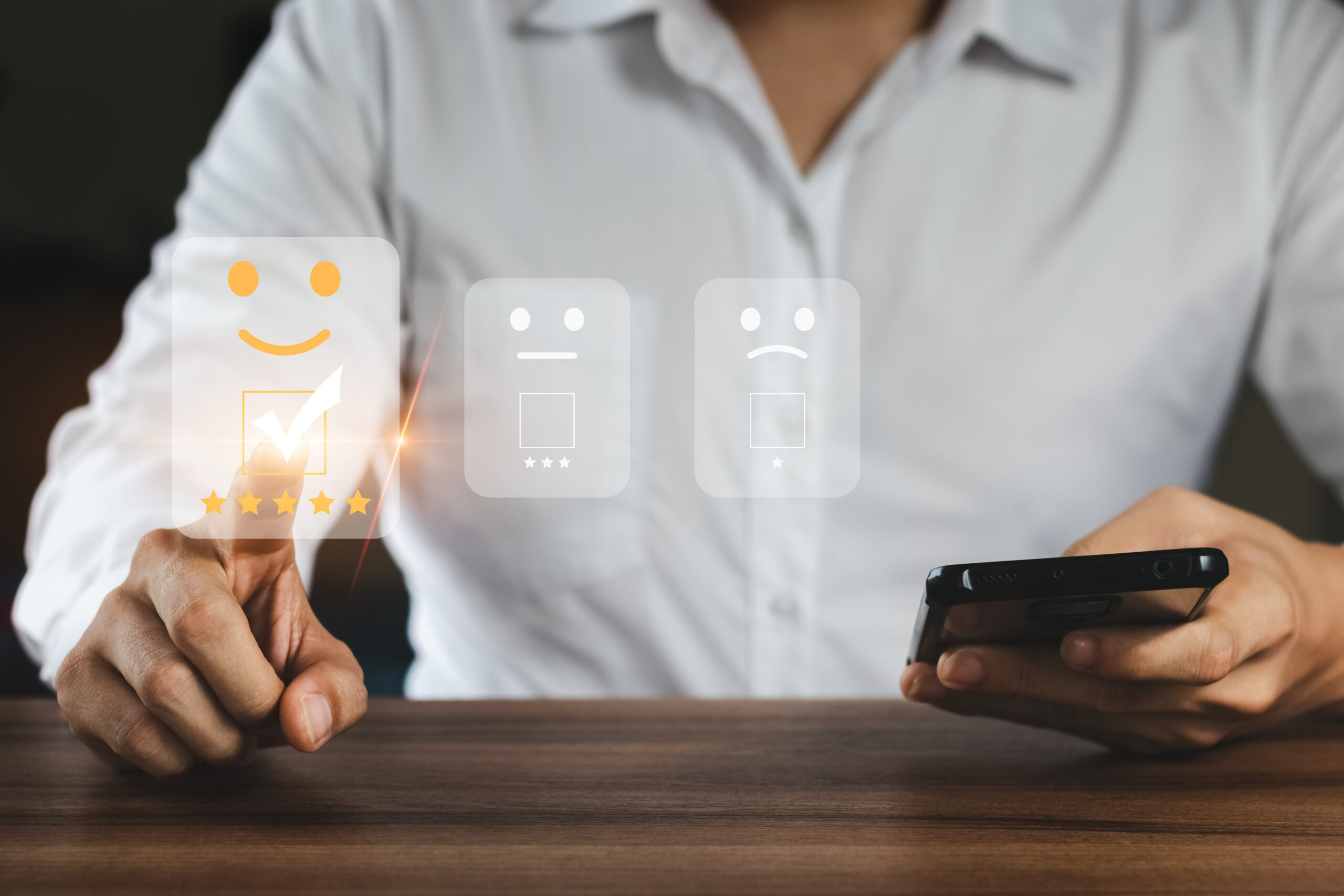 Businessman Are Choosing Screen On The Happy Smiley Face Icon To